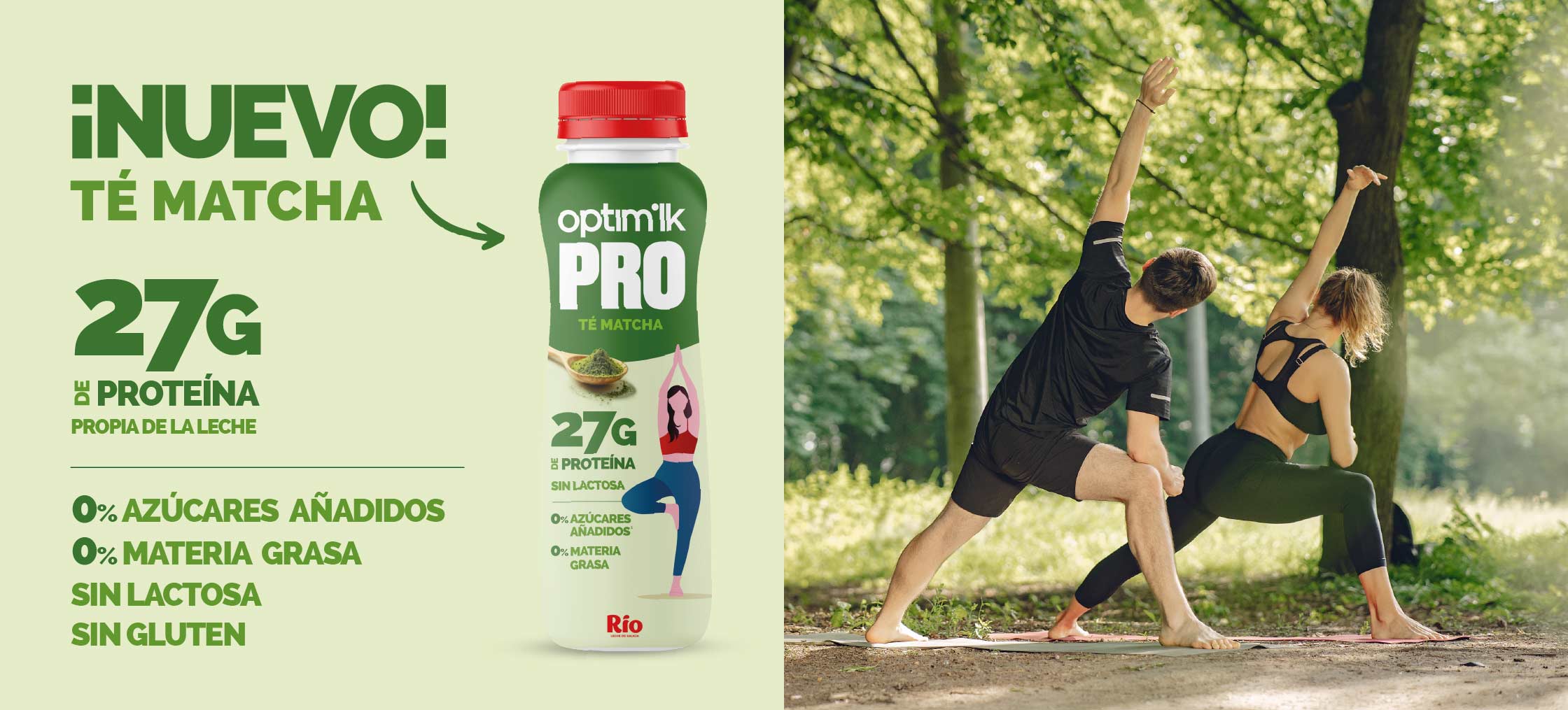 Batido hiperproteico con sabor té matcha 27g de proteína. Con imagen de gente realizando actividad física.